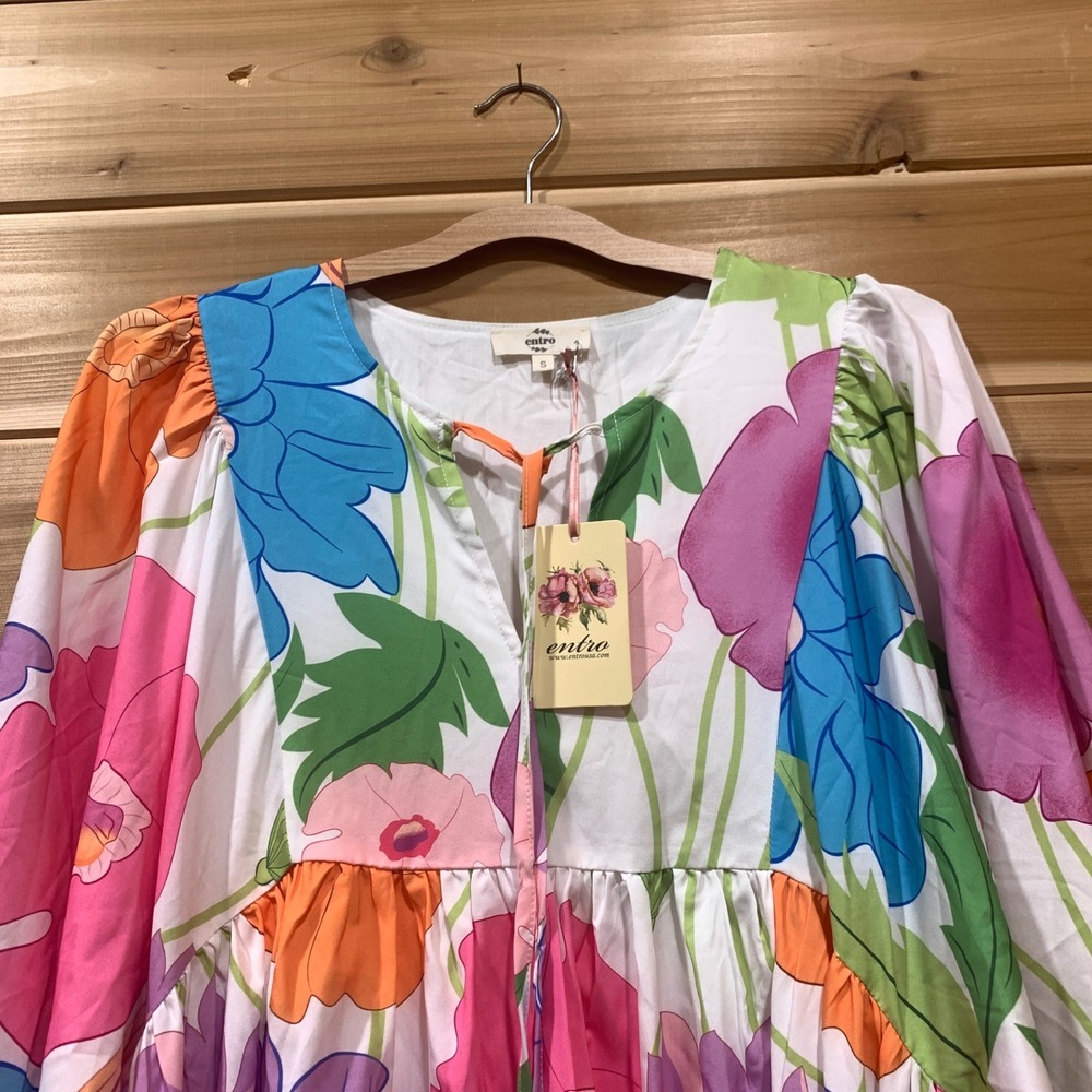 Entro USA Women's Dress Small Multicolor Floral Print Boho Peasant Mini Tunic - Picture 7 of 14